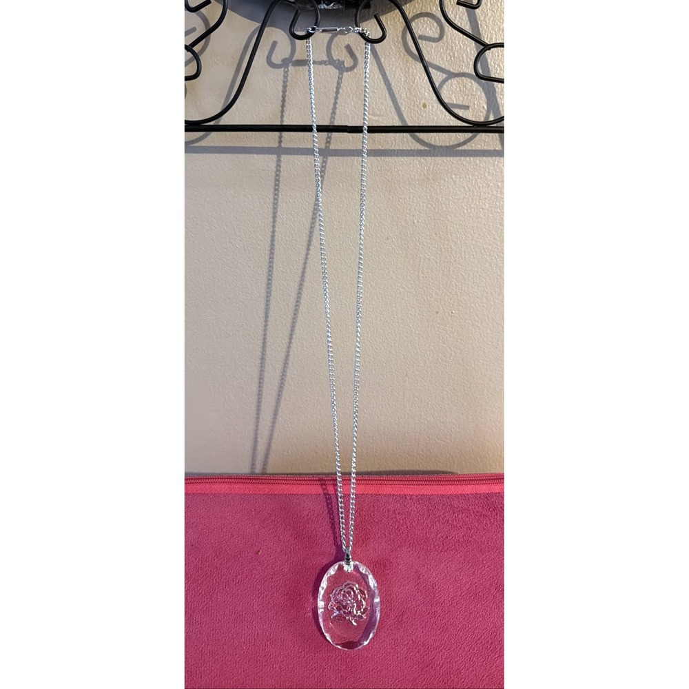 Vintage Lucite Carved Rose Pendant with Silver Tone Necklace 22"